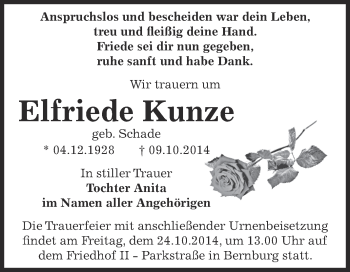 Traueranzeige von Elfriede Kunze von Super Sonntag Bernburg