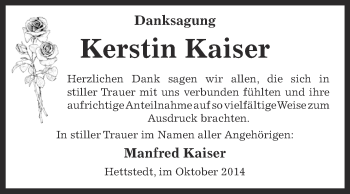 Traueranzeige von Kerstin Kaiser von Super Sonntag SGH Mansf. Land
