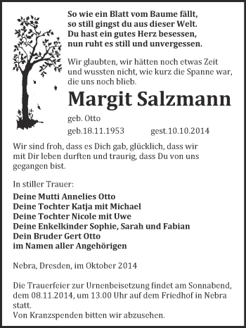 Traueranzeige von Margit Salzmann von WVG - Wochenspiegel NMB / WSF / ZTZ