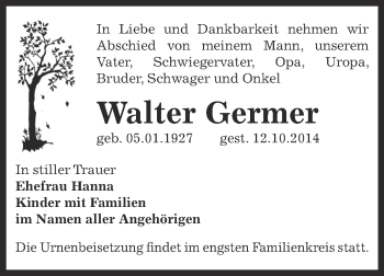 Traueranzeige von Walter Germer von Super Sonntag Bernburg