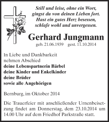 Traueranzeige von Gerhard Jungmann von Super Sonntag Bernburg