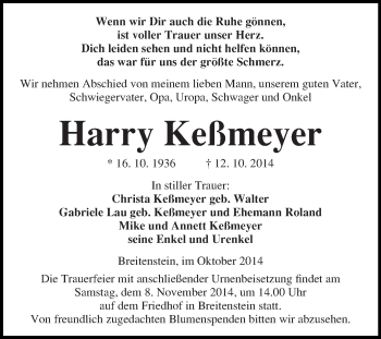 Traueranzeige von Harry Keßmeyer von WVG - Wochenspiegel Quedlinburg