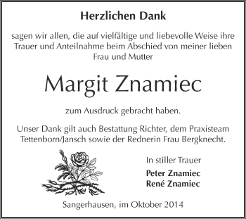 Traueranzeige von Margit Znamiec von Super Sonntag SGH Mansf. Land
