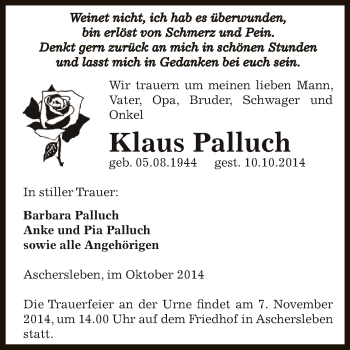 Traueranzeige von Klaus Palluch von Super Sonntag Aschersleben