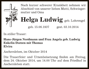 Traueranzeige von Helga Ludwig von Super Sonntag Aschersleben