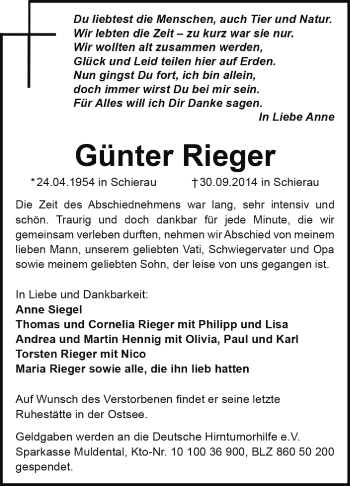 Traueranzeige von Günter Rieger von Super Sonntag Dessau / Köthen