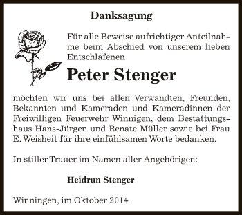 Traueranzeige von Peter Stenger von Super Sonntag Aschersleben
