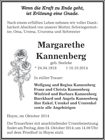 Traueranzeige von Margarethe Kannenberg von Super Sonntag Aschersleben