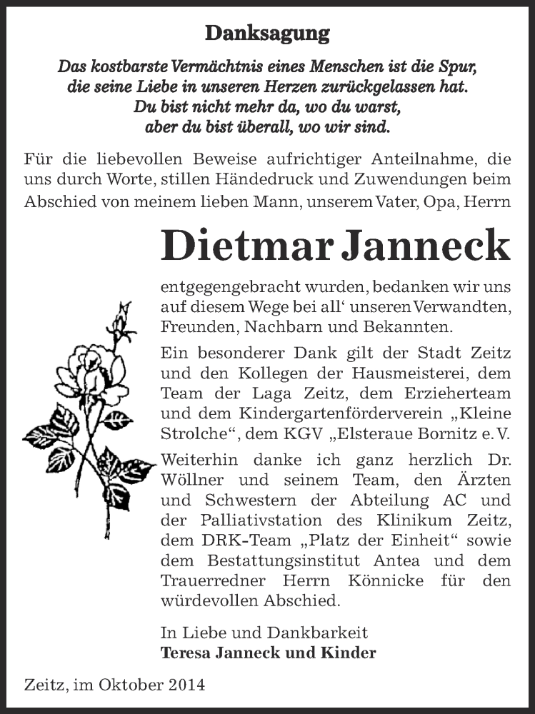  Traueranzeige für Dietmar Janneck vom 19.10.2014 aus Super Sonntag Zeitz