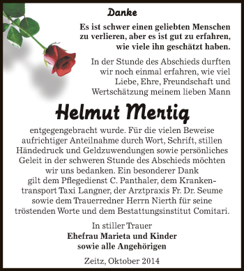 Traueranzeige von Helmut Mertig von Super Sonntag Zeitz