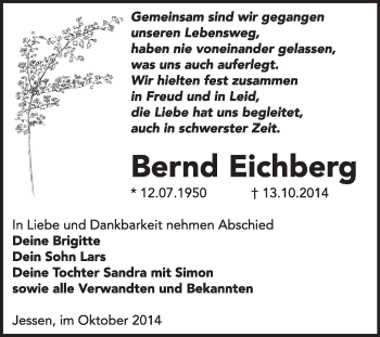 Traueranzeige von Bernd Eichberg von WVG - Wochenspiegel Wittenberg