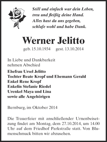Traueranzeige von Werner Jelitto von Super Sonntag Bernburg