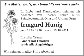 Traueranzeige von Irmgard Hünig von Super Sonntag Zeitz