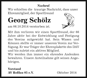 Traueranzeige von Georg Schölz von WVG - Wochenspiegel Dessau / Köthen