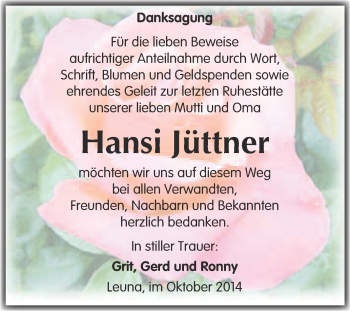Traueranzeige von Hansi Jüttner von Super Sonntag Merseburg