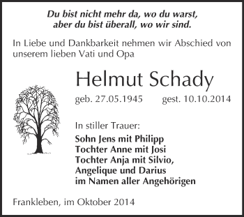 Traueranzeige von Helmut Schady von WVG - Wochenspiegel Merseburg