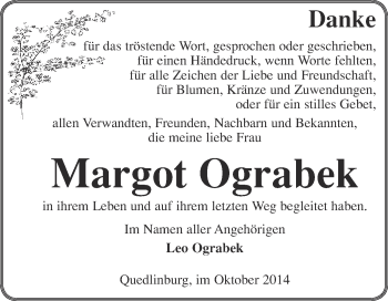 Traueranzeige von Margot Ograbek von WVG - Wochenspiegel Quedlinburg
