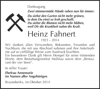 Traueranzeige von Heinz Fahnert von WVG - Wochenspiegel Merseburg