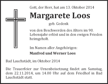 Traueranzeige von Margarete Loos von WVG - Wochenspiegel Merseburg
