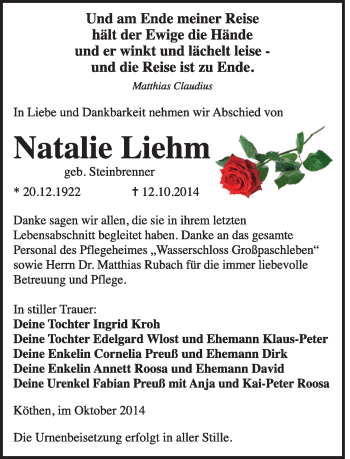 Traueranzeige von Natalie Liehm von Super Sonntag Dessau / Köthen
