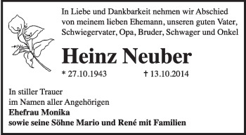 Traueranzeige von Heinz Neuber von Super Sonntag Dessau / Köthen