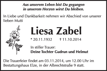 Traueranzeige von Liesa Zabel von Super Sonntag Dessau / Köthen