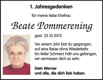 Traueranzeige von Beate Pommerening von Super Sonntag Wittenberg