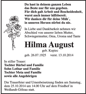 Traueranzeige von Hilma August von Super Sonntag Dessau / Köthen