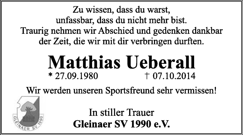  Traueranzeige für Matthias Ueberall vom 22.10.2014 aus WVG - Wochenspiegel NMB / WSF / ZTZ