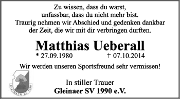 Traueranzeige von Matthias Ueberall von WVG - Wochenspiegel NMB / WSF / ZTZ