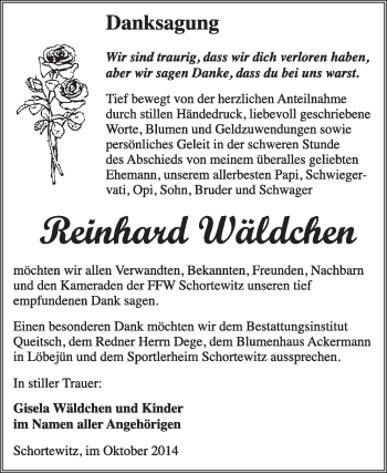 Traueranzeige von Reinhard Wäldchen von Super Sonntag Dessau / Köthen