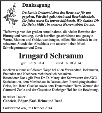 Traueranzeige von Irmgard Schramm von Super Sonntag Dessau / Köthen