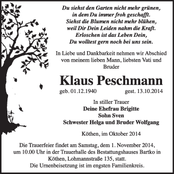Traueranzeige von Klaus Peschmann von Super Sonntag Dessau / Köthen