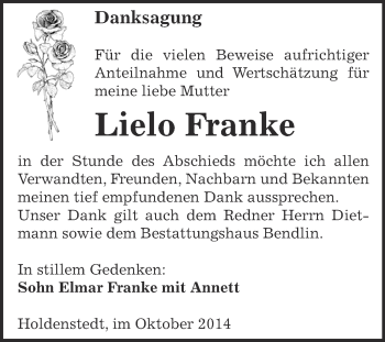 Traueranzeige von Lielo Franke von Super Sonntag SGH Mansf. Land