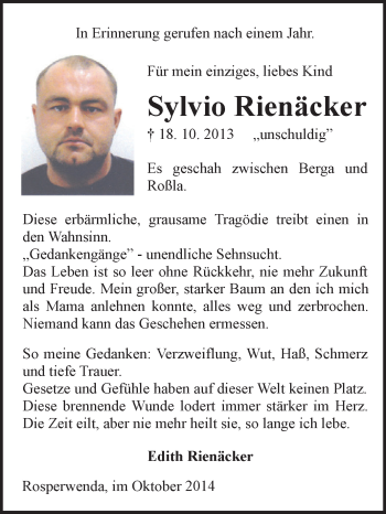 Traueranzeige von Sylvio Rienäcker von Super Sonntag SGH Mansf. Land