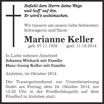 Traueranzeige von Marianne Keller von Super Sonntag Bernburg
