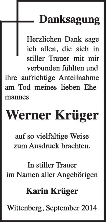 Traueranzeige von Werner Krüger von Super Sonntag Wittenberg