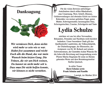 Traueranzeige von Lydia Schulze von Super Sonntag Dessau / Köthen