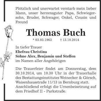 Traueranzeige von Thomas Buch von Super Sonntag Bernburg