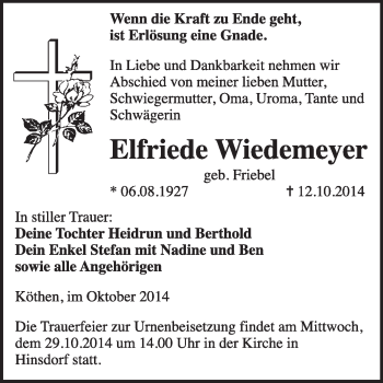 Traueranzeige von Elfriede Wiedemeyer von Super Sonntag Dessau / Köthen