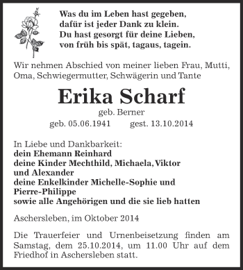 Traueranzeige von Erika Scharf von Super Sonntag Aschersleben