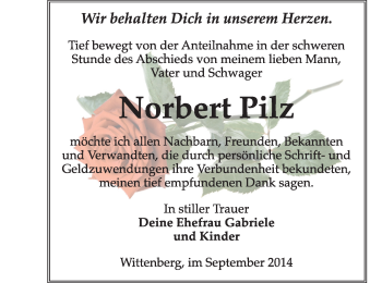 Traueranzeige von Norbert Pilz von Super Sonntag Wittenberg