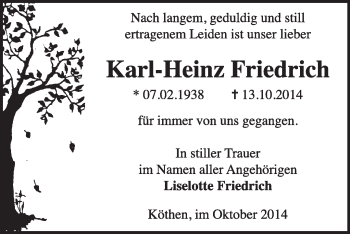 Traueranzeige von Karl-Heinz Friedrich von Super Sonntag Dessau / Köthen