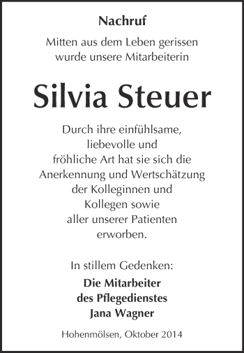Traueranzeige von Silvia Steuer von WVG - Wochenspiegel NMB / WSF / ZTZ