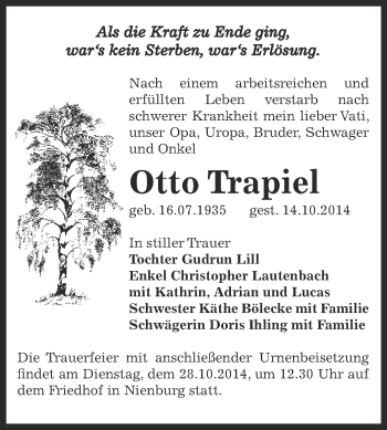 Traueranzeige von Otto Trapiel von Super Sonntag Bernburg