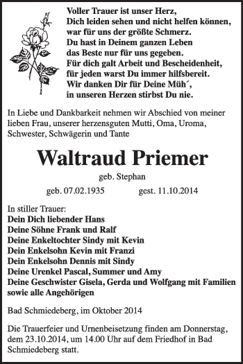 Traueranzeige von Waltraud Priemer von WVG - Wochenspiegel Wittenberg