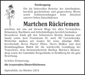 Traueranzeige von Martchen Rückriemen von WVG - Wochenspiegel Quedlinburg