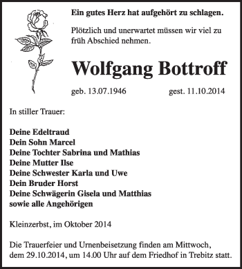 Traueranzeige von Wolfgang Bottroff von WVG - Wochenspiegel Wittenberg