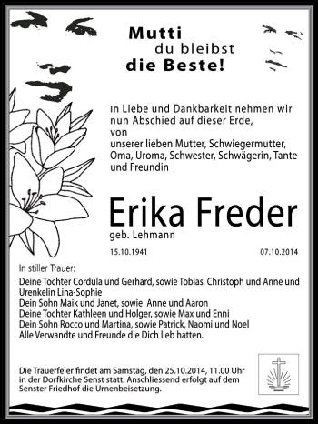 Traueranzeige von Erika Freder von WVG - Wochenspiegel Wittenberg