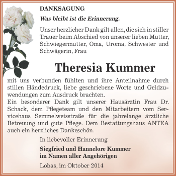 Traueranzeige von Theresia Kummer von Super Sonntag Zeitz